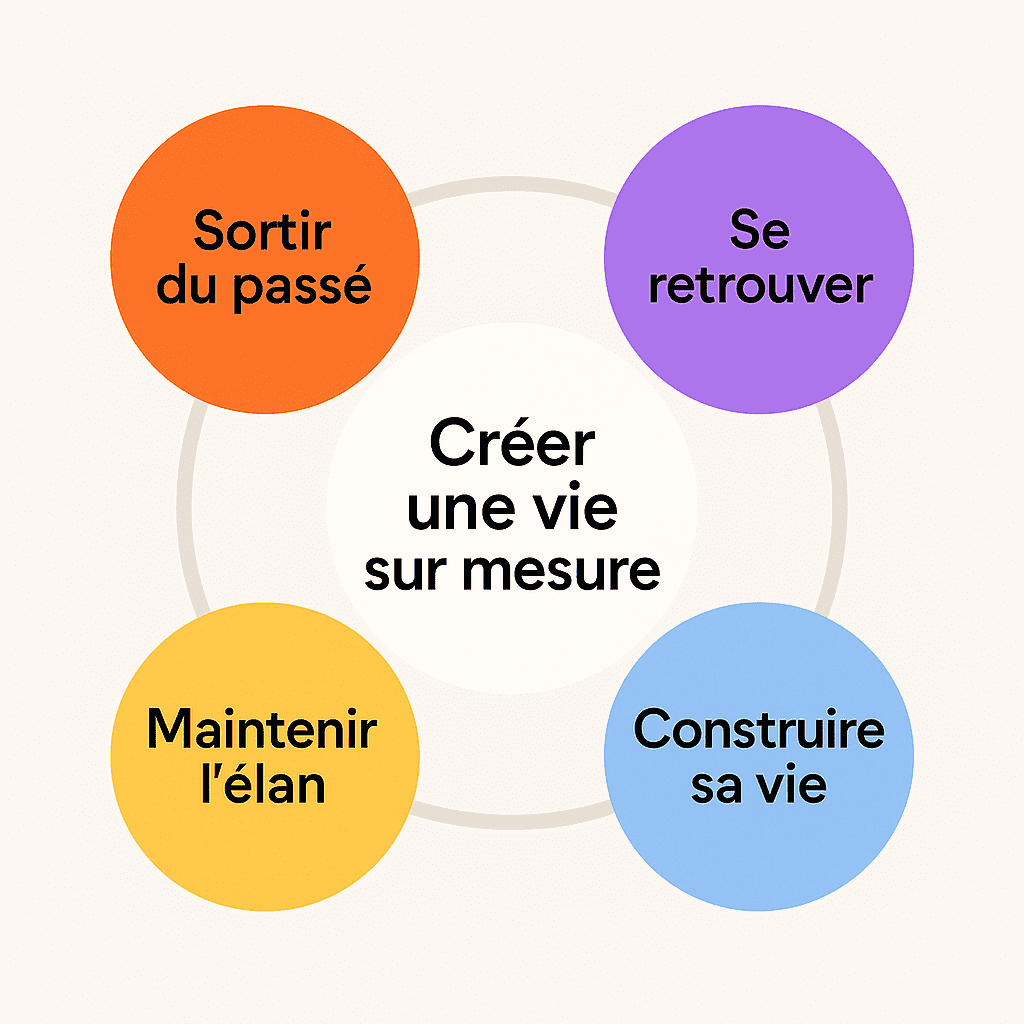 Diagramme circulaire illustrant les 4 piliers de Valaxie pour créer une vie sur mesure : sortir du passé, se retrouver, construire sa vie, maintenir l’élan.