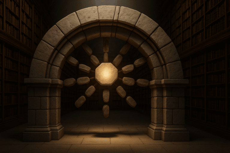 Illustration d’une arche en pierre monumentale dans une bibliothèque ancienne, avec une pierre angulaire lumineuse symbolisant l’article pilier qui soutient l’ensemble.