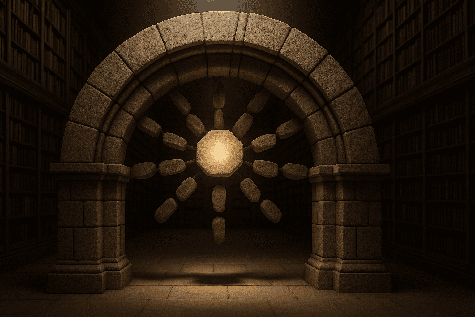 Illustration d’une arche en pierre monumentale dans une bibliothèque ancienne, avec une pierre angulaire lumineuse symbolisant l’article pilier qui soutient l’ensemble.