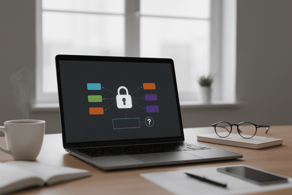 une image épurée d’un bureau moderne avec ordinateur portable affichant un schéma coloré.