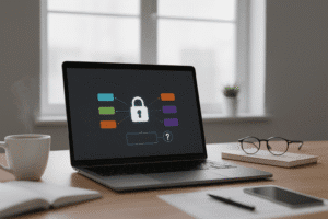 une image épurée d’un bureau moderne avec ordinateur portable affichant un schéma coloré.
