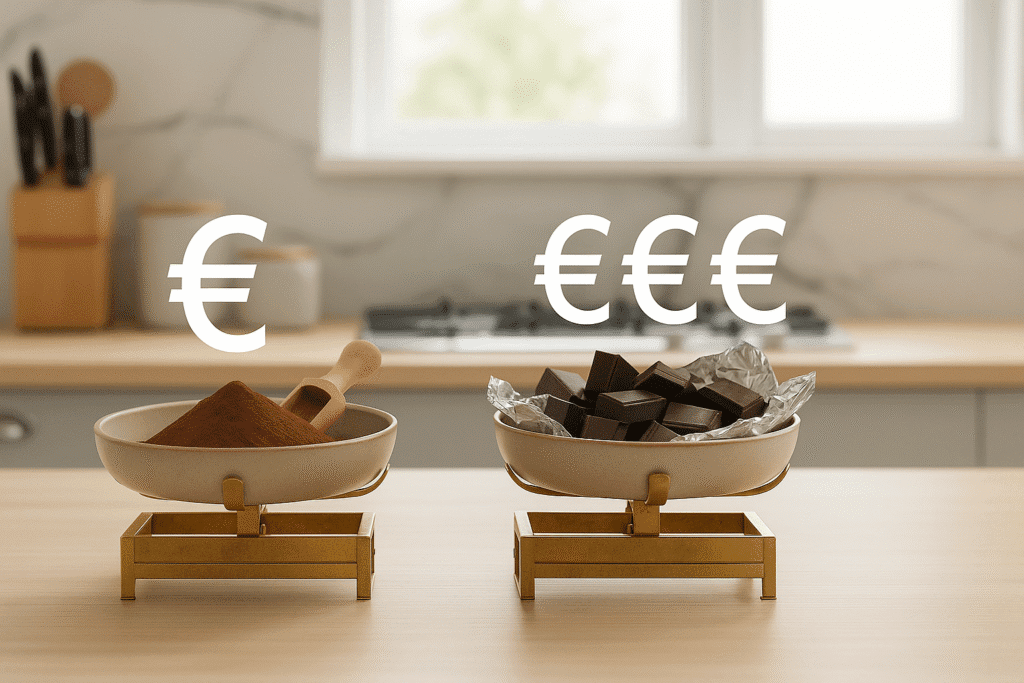 Une balance de cuisine comparant un bol de cacao avec un signe € et un bol de chocolat avec des signes €€€, montrant la différence de coût.