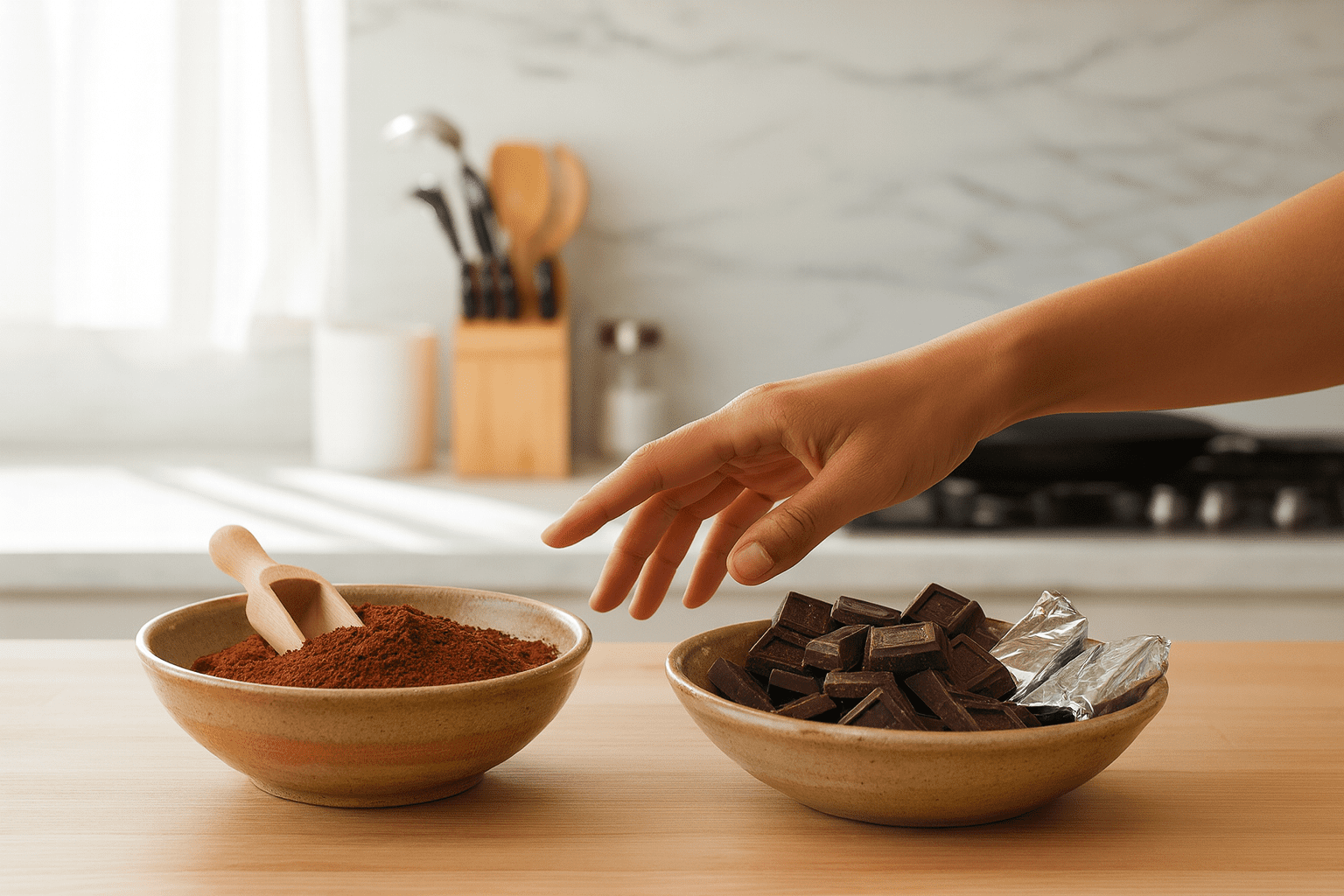 Un bol de cacao en poudre et un bol de morceaux de chocolat sur une table de cuisine, avec une main qui s’apprête à choisir.