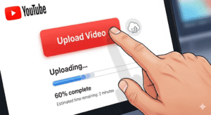 Illustration montrant la main d'une personne cliquant sur le bouton "Upload Video" de YouTube.