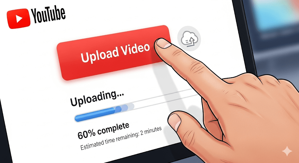 Illustration montrant la main d'une personne cliquant sur le bouton "Upload Video" de YouTube.