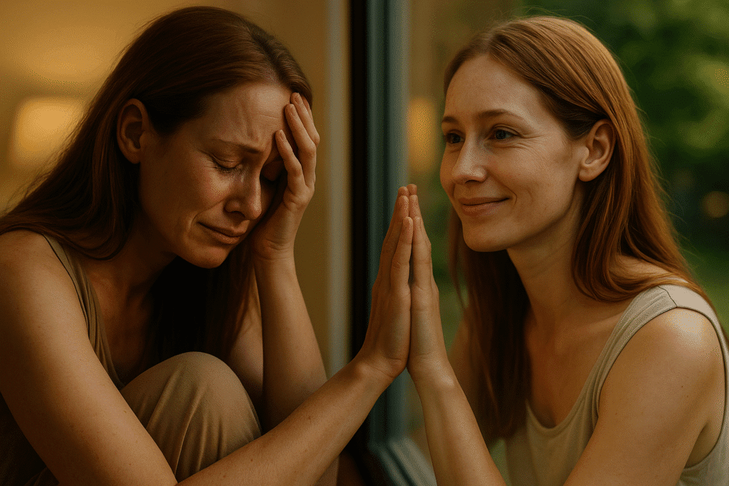 Femme derrière une vitre, douleur d’un côté, lumière et renaissance de l’autre, photo réaliste et cinématographique.
