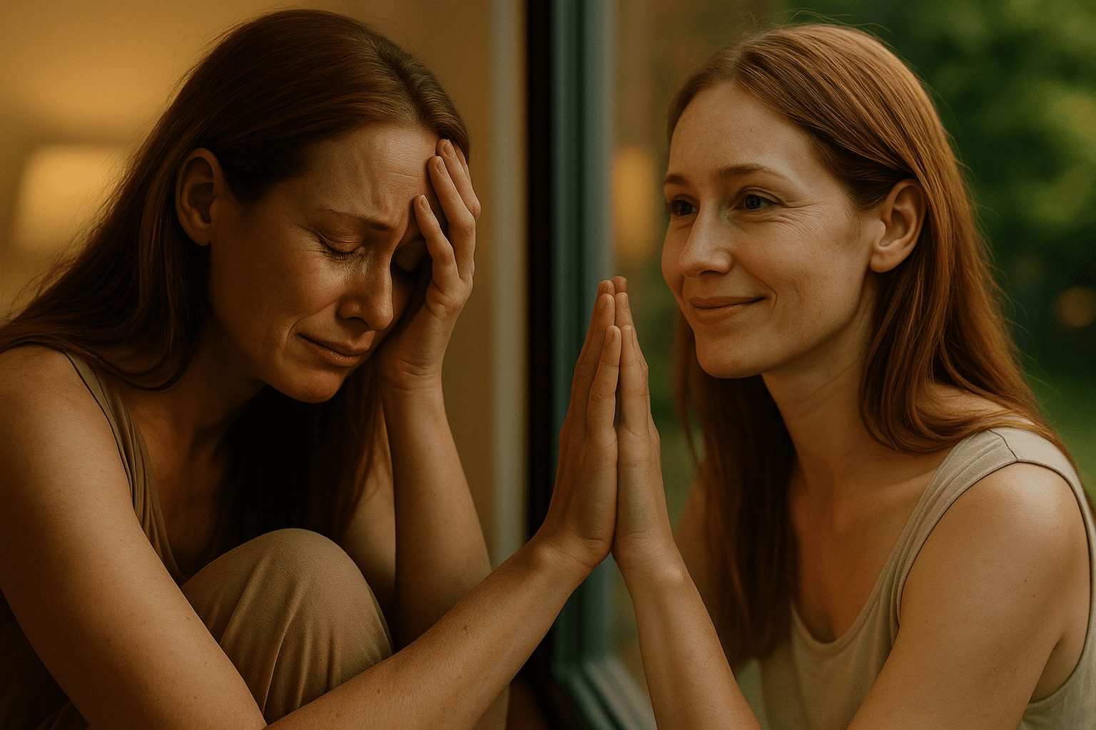 Femme derrière une vitre, douleur d’un côté, lumière et renaissance de l’autre, photo réaliste et cinématographique.
