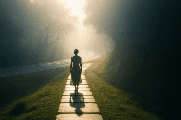 Femme marchant seule sur un chemin pavé baigné de lumière matinale, symbole des choix de vie et de l’épanouissement personnel.