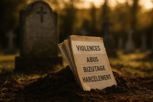Dossiers enterrés dans la terre devant une tombe, étiquetés violences, abus, bizutage et harcèlement, symbolisant les scandales institutionnels étouffés.