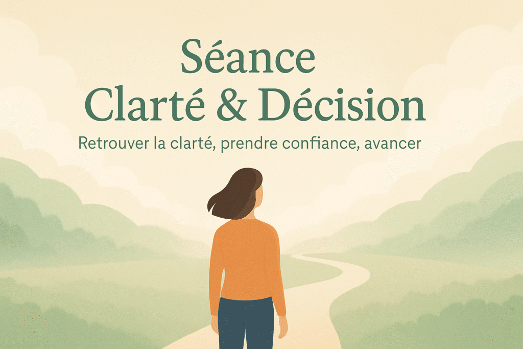 Séance Clarté & Décision – illustration d’une femme face à un chemin, symbole de choix et de sérénité.