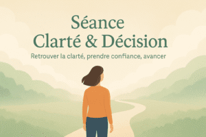 Séance Clarté & Décision – illustration d’une femme face à un chemin, symbole de choix et de sérénité.