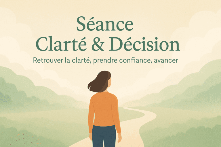 Séance Clarté & Décision – illustration d’une femme face à un chemin, symbole de choix et de sérénité.