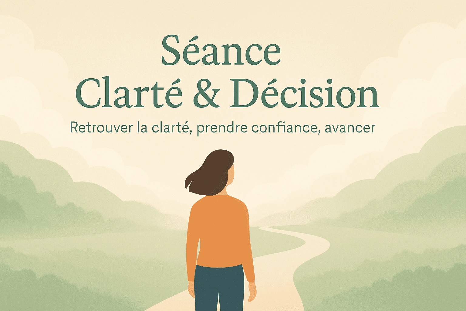 Séance Clarté & Décision – illustration d’une femme face à un chemin, symbole de choix et de sérénité.