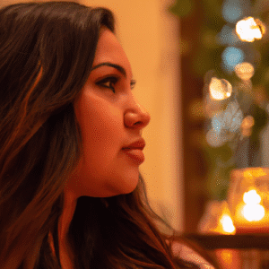 A woman sitting alone at a restaurant table, feeling the joyful laughter of a nearby group of friends, fingers nervously playing with the rough fabric of the tablecloth, surrounded by the clatter of forks and vibrant conversations, with a distant kitchen door creaking. Emotions reflected in her eyes as she processes a cold remark from a man, a mix of confusion and bittersweet acceptance filling the air. The image must be natural, realistic, in 2018, style raw, 8K, taken on iPhone, --ar 16:9