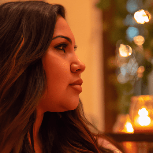 A woman sitting alone at a restaurant table, feeling the joyful laughter of a nearby group of friends, fingers nervously playing with the rough fabric of the tablecloth, surrounded by the clatter of forks and vibrant conversations, with a distant kitchen door creaking. Emotions reflected in her eyes as she processes a cold remark from a man, a mix of confusion and bittersweet acceptance filling the air. The image must be natural, realistic, in 2018, style raw, 8K, taken on iPhone, --ar 16:9