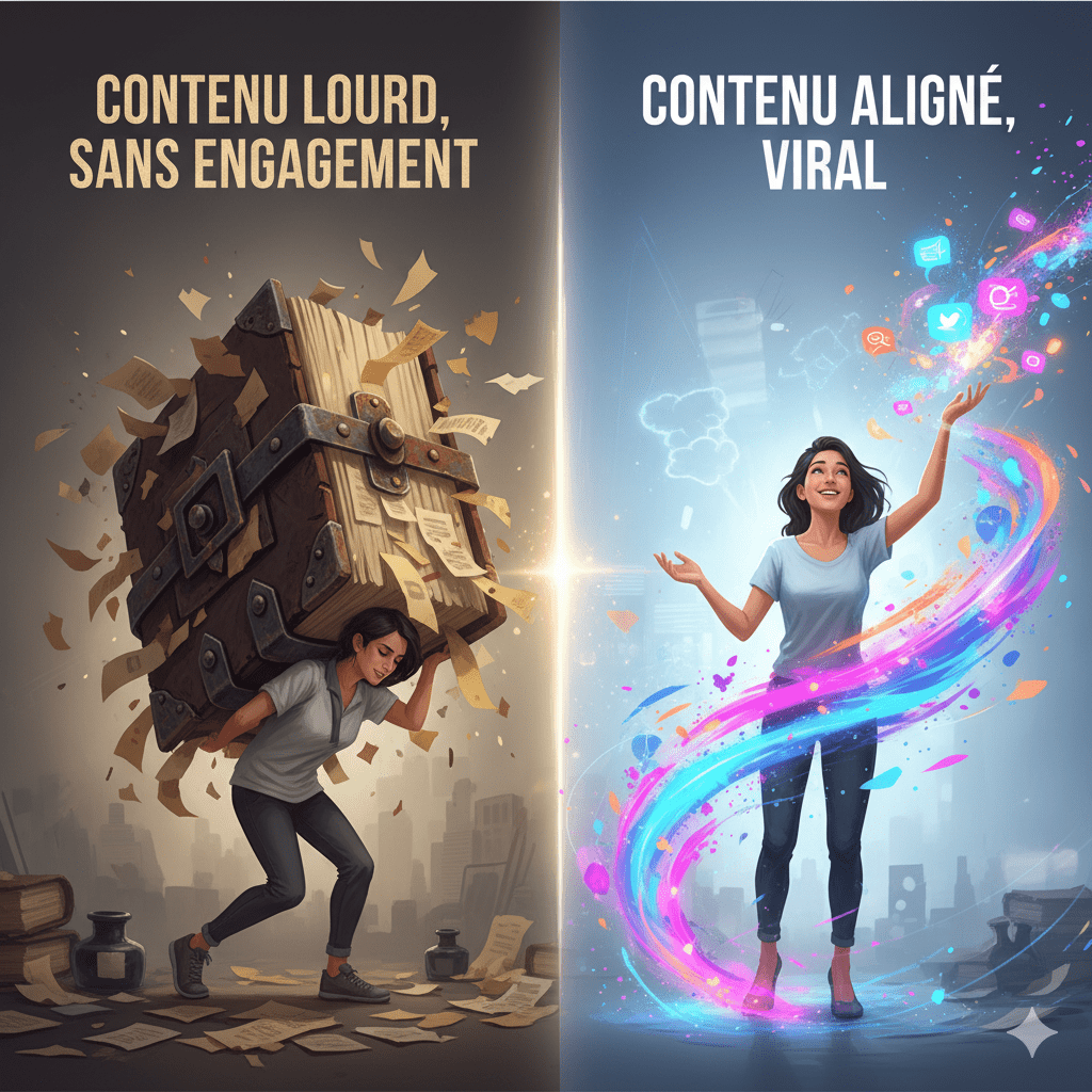 comparaison entre contenu lourd et contenu viral illustrée par deux femmes