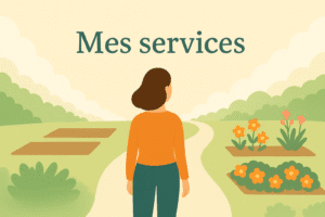 femme de dos dans un jardin fleuri avec chemin