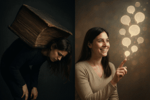 Femme accablée par un livre géant puis souriante en touchant des bulles de dialogue lumineuses