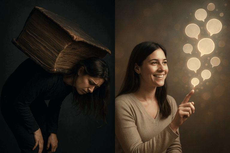 Femme accablée par un livre géant puis souriante en touchant des bulles de dialogue lumineuses