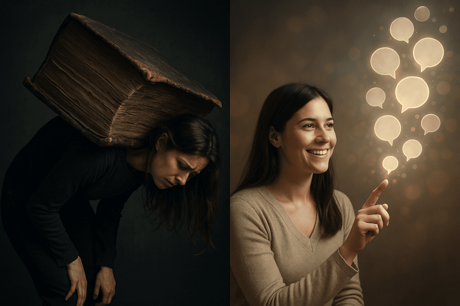 Femme accablée par un livre géant puis souriante en touchant des bulles de dialogue lumineuses