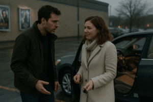 A couple standing next to their car in a parking lot, engaged in a tense conversation, the man's pace slightly quicker, while the woman smiles to diffuse the tension, keys slipping through her fingers, cold air causing her cheeks to flush. The setting features wet asphalt, fluttering movie posters on nearby walls, and the contrasting warmth of the car's interior with a crackling radio. The image must be natural, realistic, in 2018, style raw, 8K, taken on iPhone, --ar 16:9