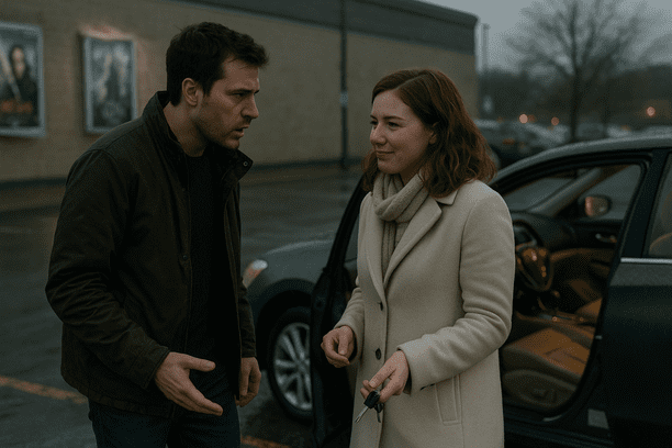 A couple standing next to their car in a parking lot, engaged in a tense conversation, the man's pace slightly quicker, while the woman smiles to diffuse the tension, keys slipping through her fingers, cold air causing her cheeks to flush. The setting features wet asphalt, fluttering movie posters on nearby walls, and the contrasting warmth of the car's interior with a crackling radio. The image must be natural, realistic, in 2018, style raw, 8K, taken on iPhone, --ar 16:9