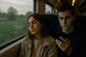 A young woman resting her head against the train window, watching blurred fields rush by, while a young man holds his phone between two fingers, face illuminated by its blue light, in a softly swaying train carriage. The atmosphere is filled with an air of nostalgia and quiet tension, as she wears a cozy sweater and a light jacket, while outside, trees blur past under a muted sky. The image must be natural, realistic, in 2018, style raw, 8K, taken on iPhone, --ar 16:9