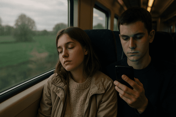 A young woman resting her head against the train window, watching blurred fields rush by, while a young man holds his phone between two fingers, face illuminated by its blue light, in a softly swaying train carriage. The atmosphere is filled with an air of nostalgia and quiet tension, as she wears a cozy sweater and a light jacket, while outside, trees blur past under a muted sky. The image must be natural, realistic, in 2018, style raw, 8K, taken on iPhone, --ar 16:9