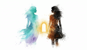 Deux silhouettes féminines opposées en aquarelle