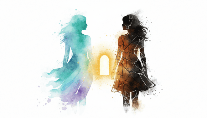 Deux silhouettes féminines opposées en aquarelle