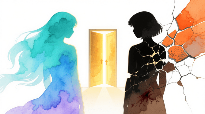 Deux silhouettes opposées face à une porte dorée ouverte