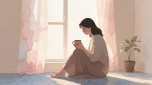 femme assise près d'une fenêtre avec une tasse de café