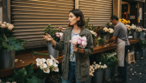femme indécise entre pivoines pâles et lys blancs