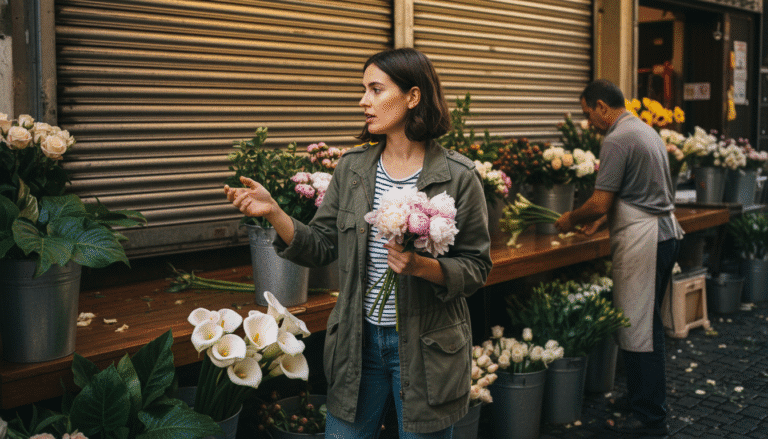 femme indécise entre pivoines pâles et lys blancs