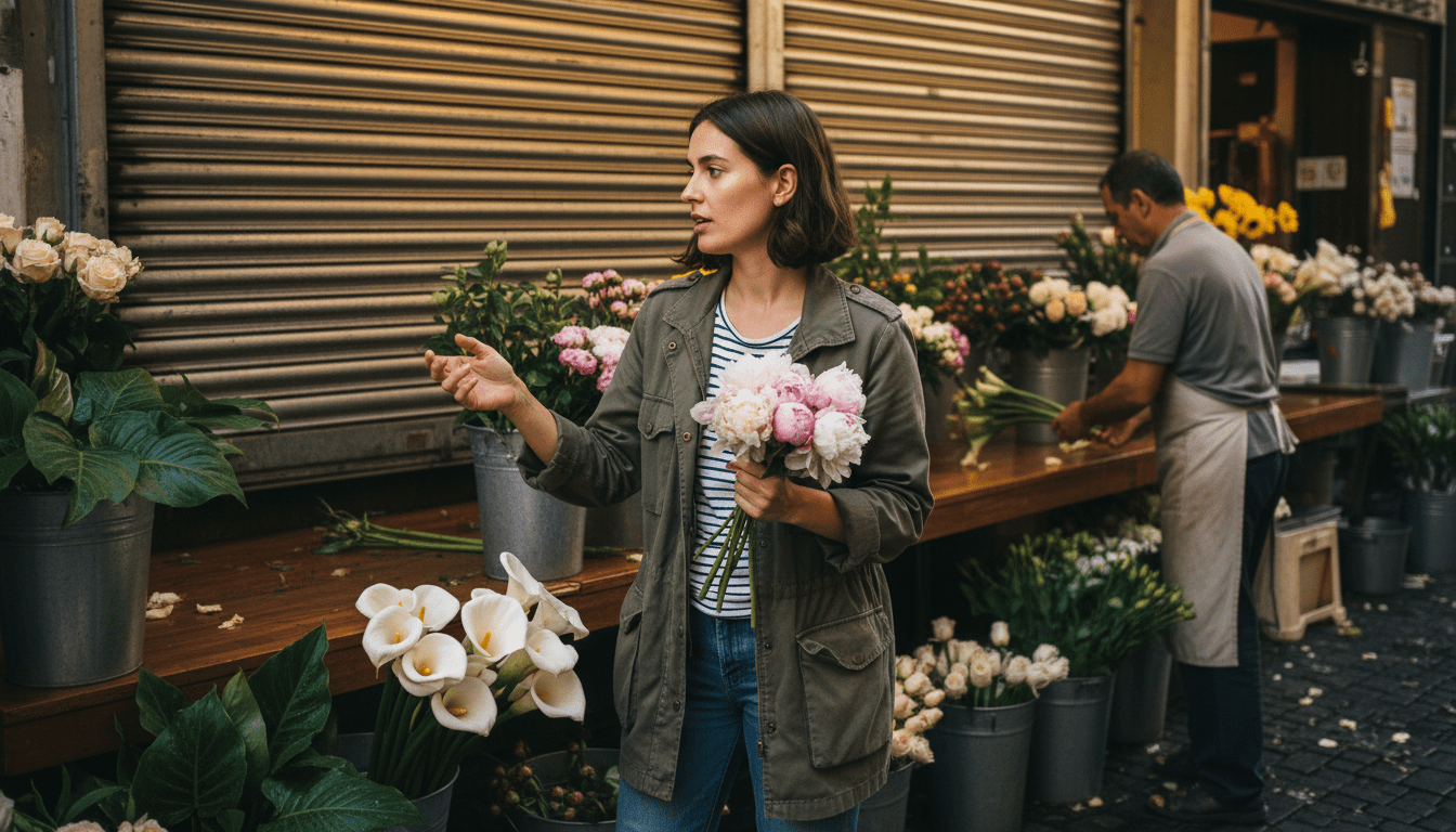 femme indécise entre pivoines pâles et lys blancs