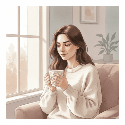 femme émue tenant une tasse dans un salon lumineux