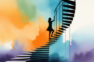 femme montant un escalier en spirale avec fond coloré
