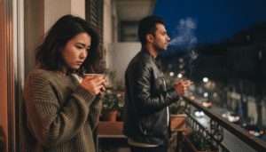 jeune femme avec une tasse de thé et homme fumant sur un balcon de nuit