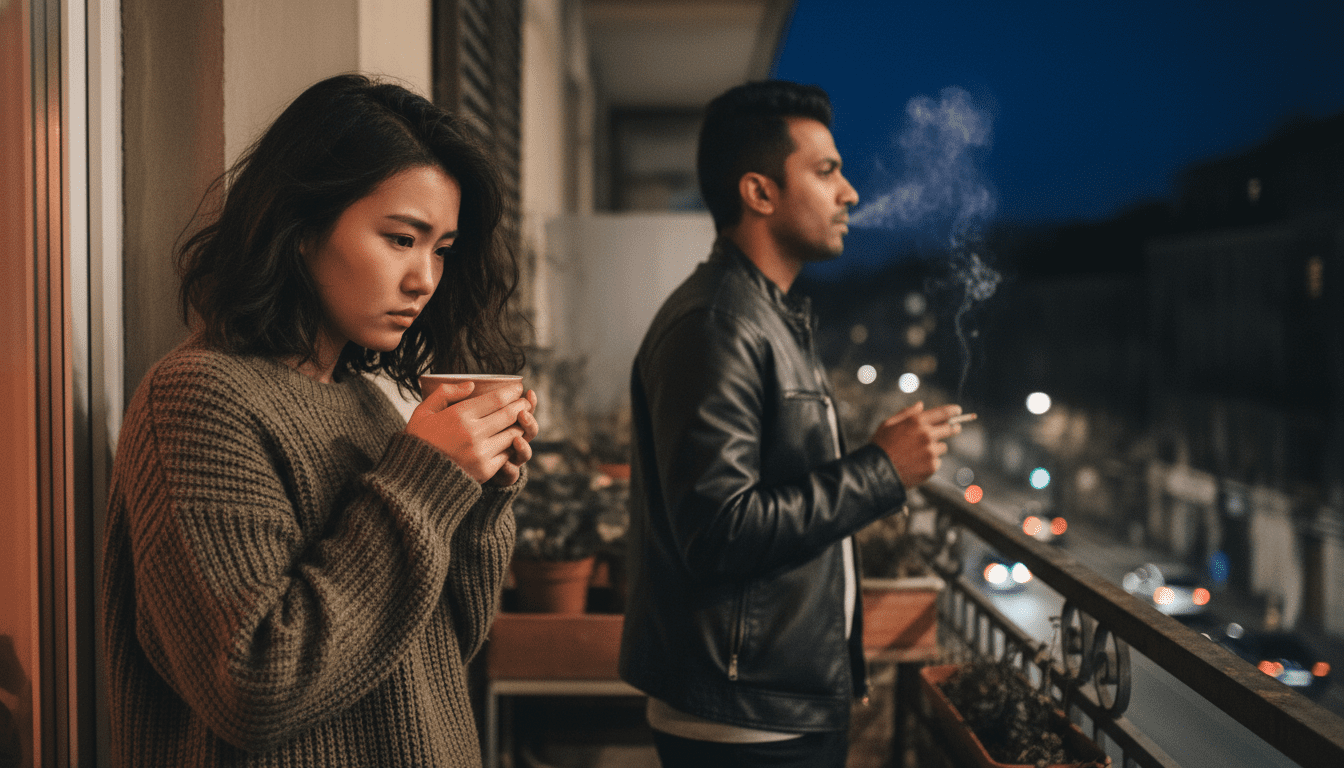 jeune femme avec une tasse de thé et homme fumant sur un balcon de nuit