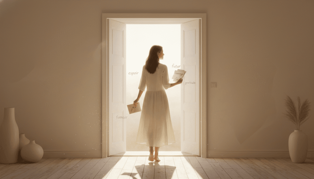 Femme avançant vers une porte ouverte baignée de lumière