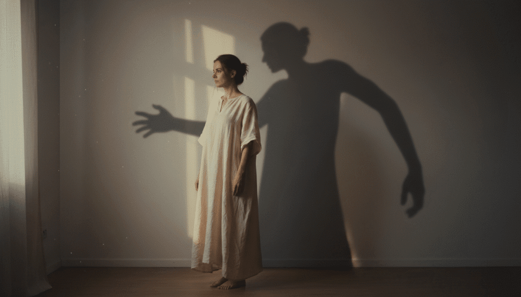 femme partiellement éclairée par la lumière naturelle avec une ombre étrange derrière elle