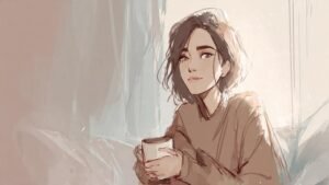 femme tenant une tasse assise près de la fenêtre