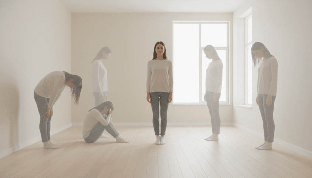 femme debout entourée de quatre silhouettes symboliques