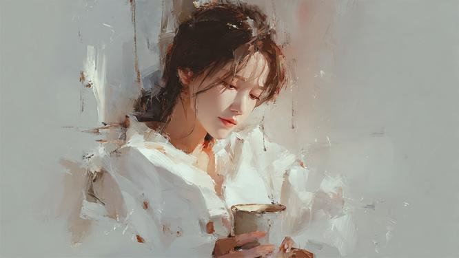 femme pensive tenant une tasse dans une ambiance calme