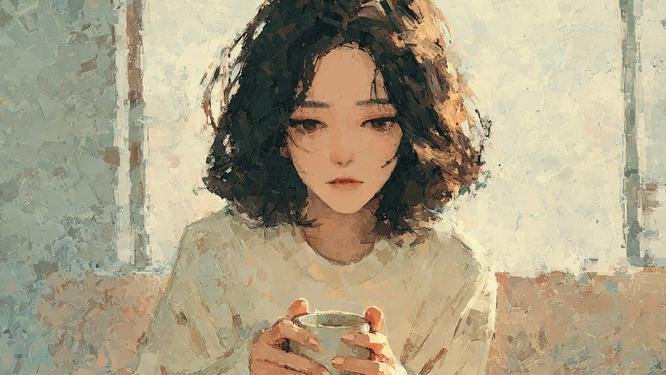 femme pensive tenant une tasse dans un intérieur lumineux