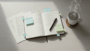 bureau ordonné avec carnet ouvert, thé et documents