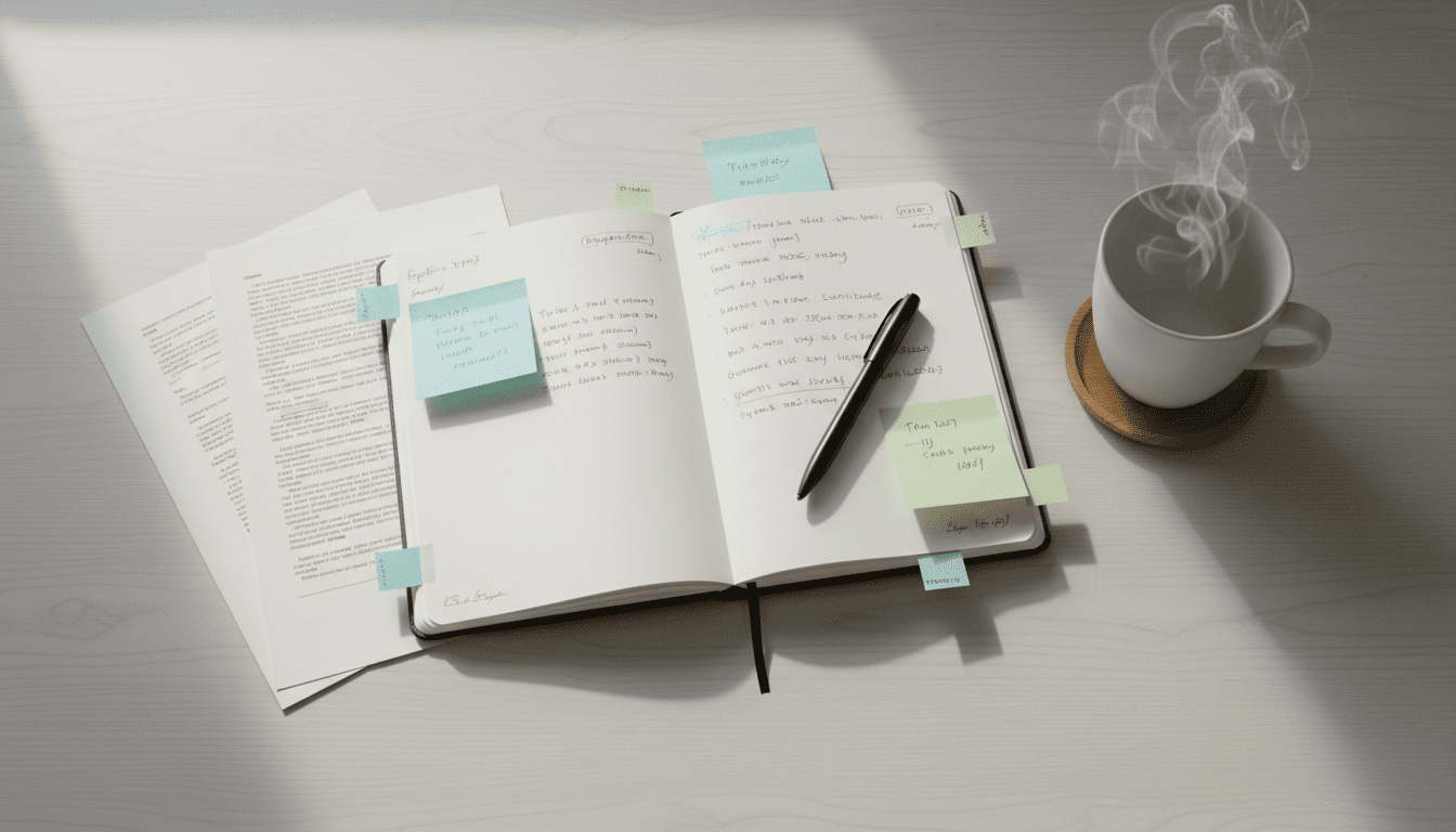 bureau ordonné avec carnet ouvert, thé et documents