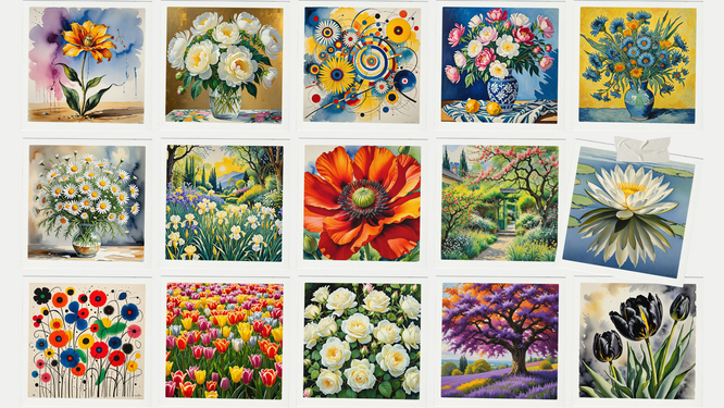 collage de peintures de fleurs colorées et paysages floraux