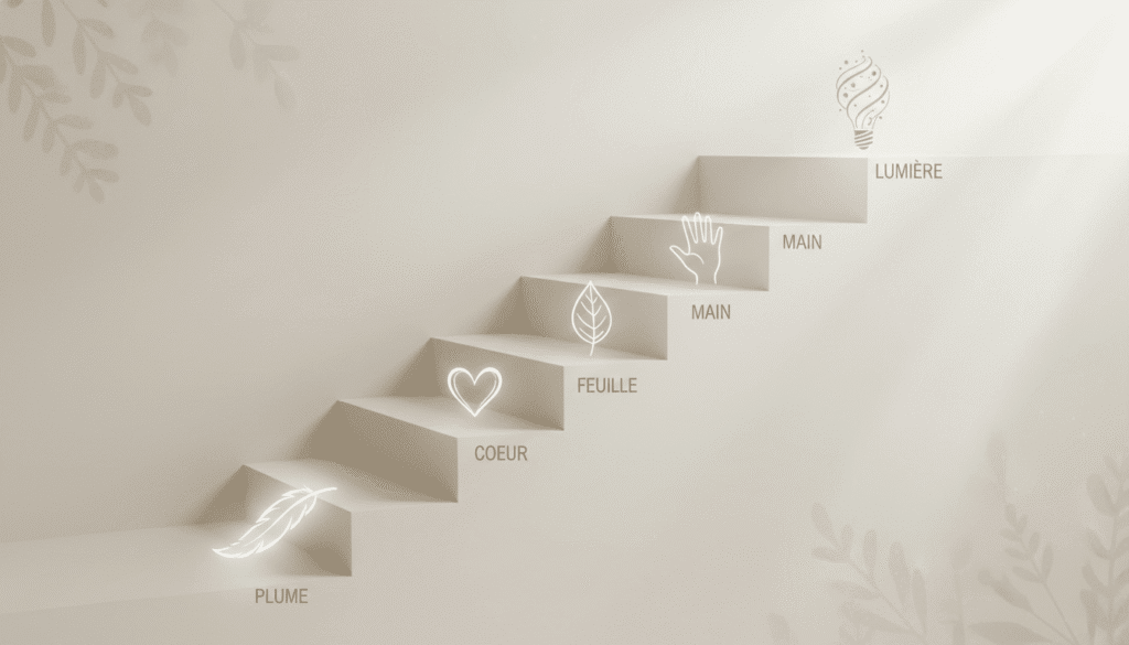 escalier réaliste éclairé avec icônes plume cœur feuille main lumière