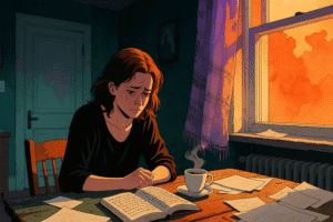 femme pensive lisant à une table avec un café